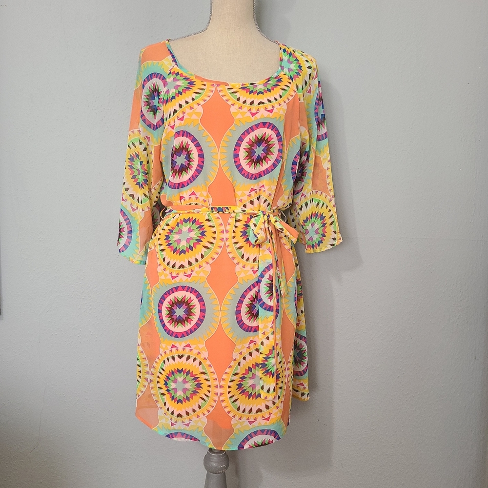 Umgee Orange Graphic Cold Shoulder Dress Size Large‎